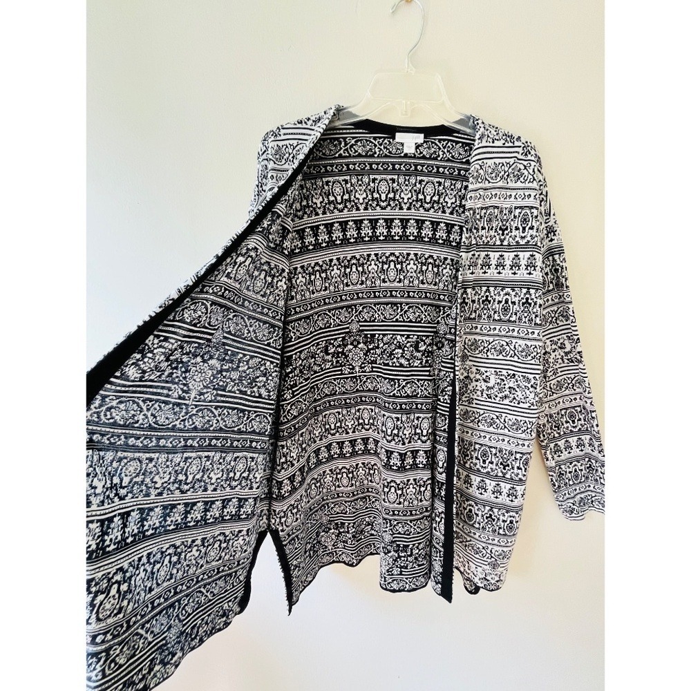 J. Jill Sz L Black White Jacquard Open Front V Neck Cardigan Sweater Stretch